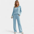 Women’s Ribbed Lounge Set – V Neck Long Sleeve Top and Wide Leg Trousers