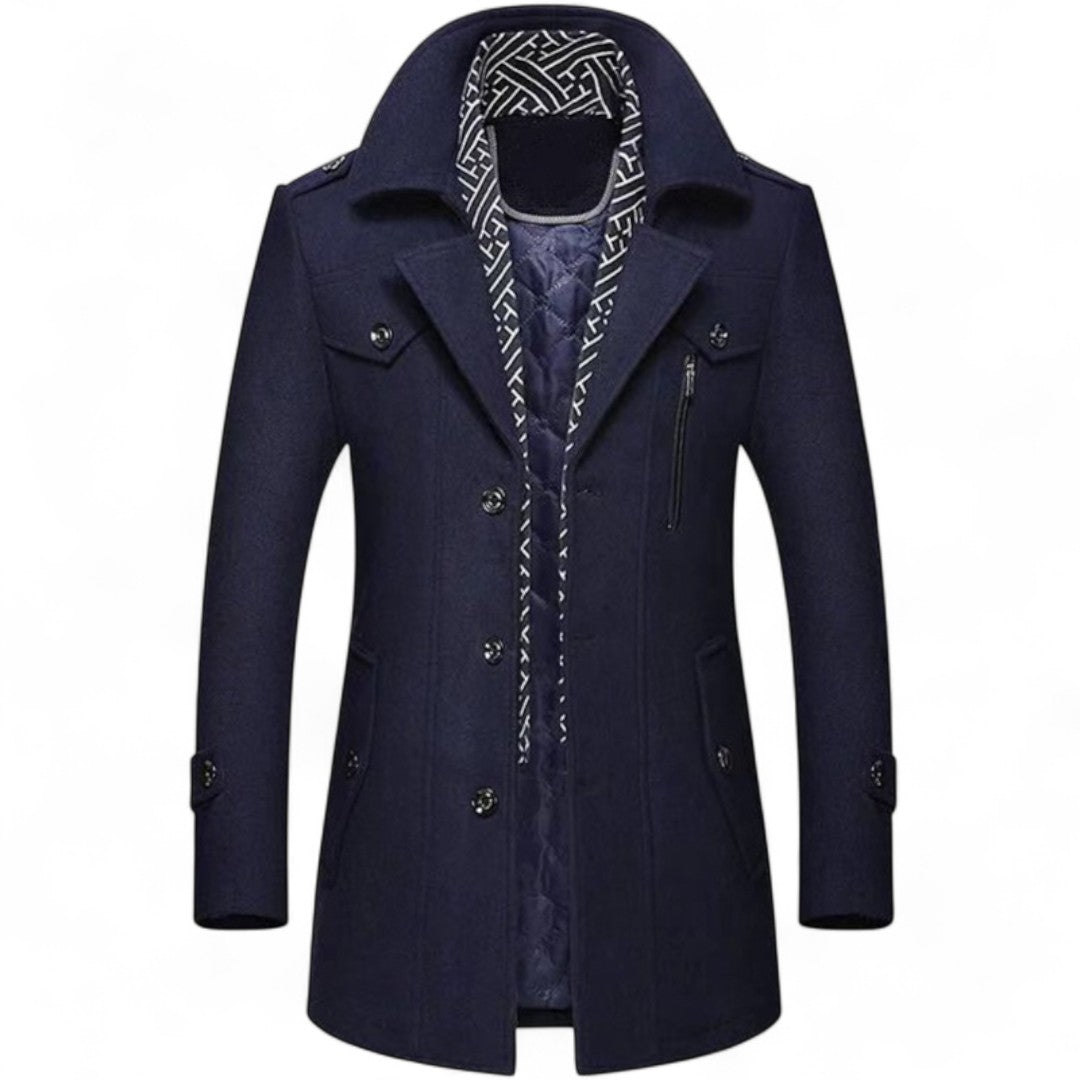 Men’s Overcoat – Button Front, Notch Collar, Long Sleeves