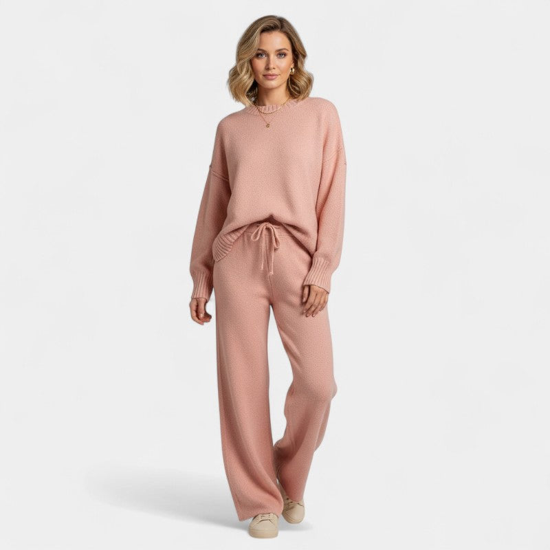 Women’s Knitted Two Piece Set – Long Sleeve Jumper, Wide Leg Trousers, Drawstring Waist