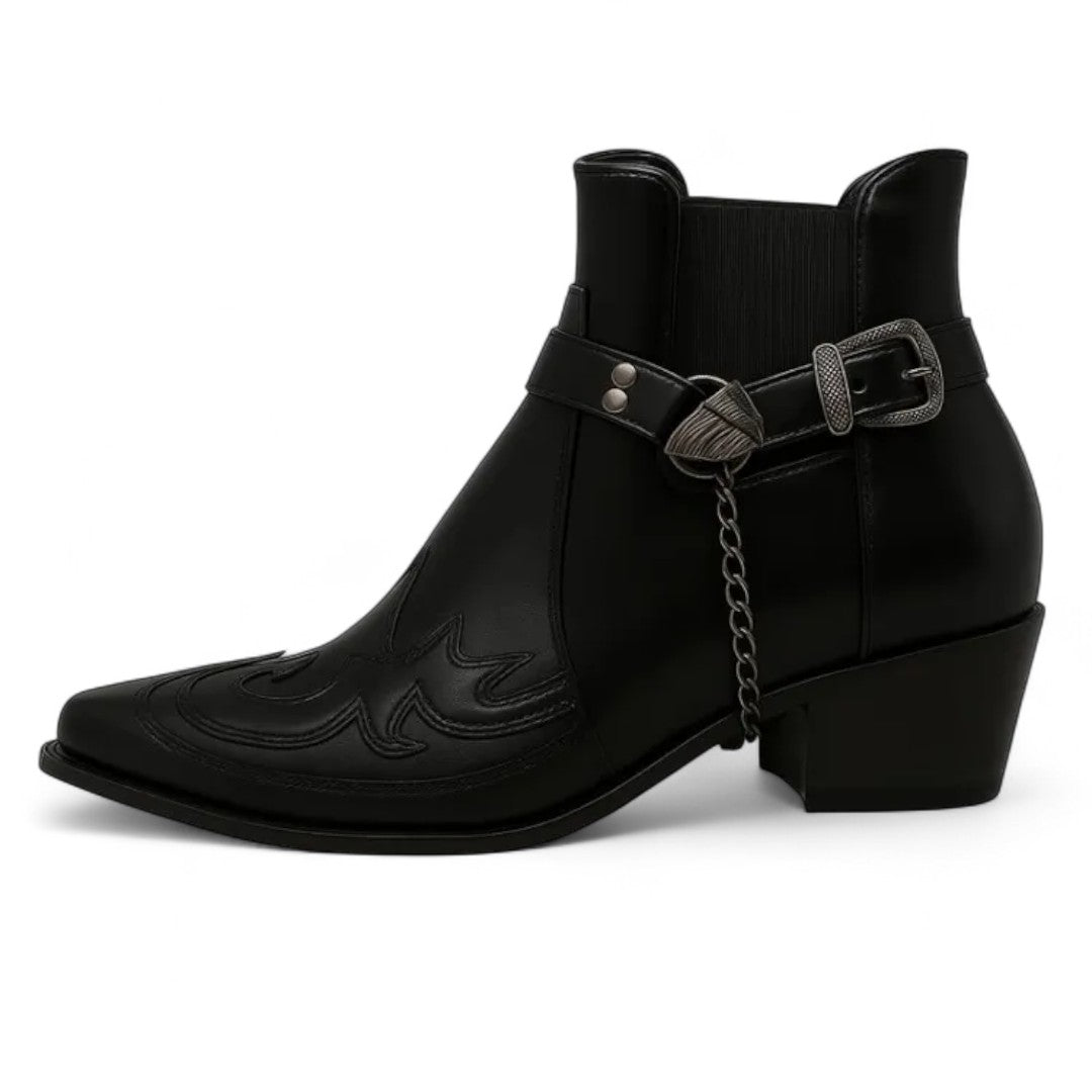 Men’s Ankle Boots – Slip-On Design, Point Toe, Decorative Harness Detail