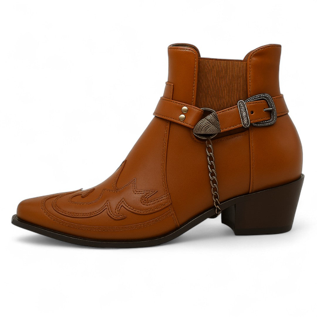 Men’s Ankle Boots – Slip-On Design, Point Toe, Decorative Harness Detail