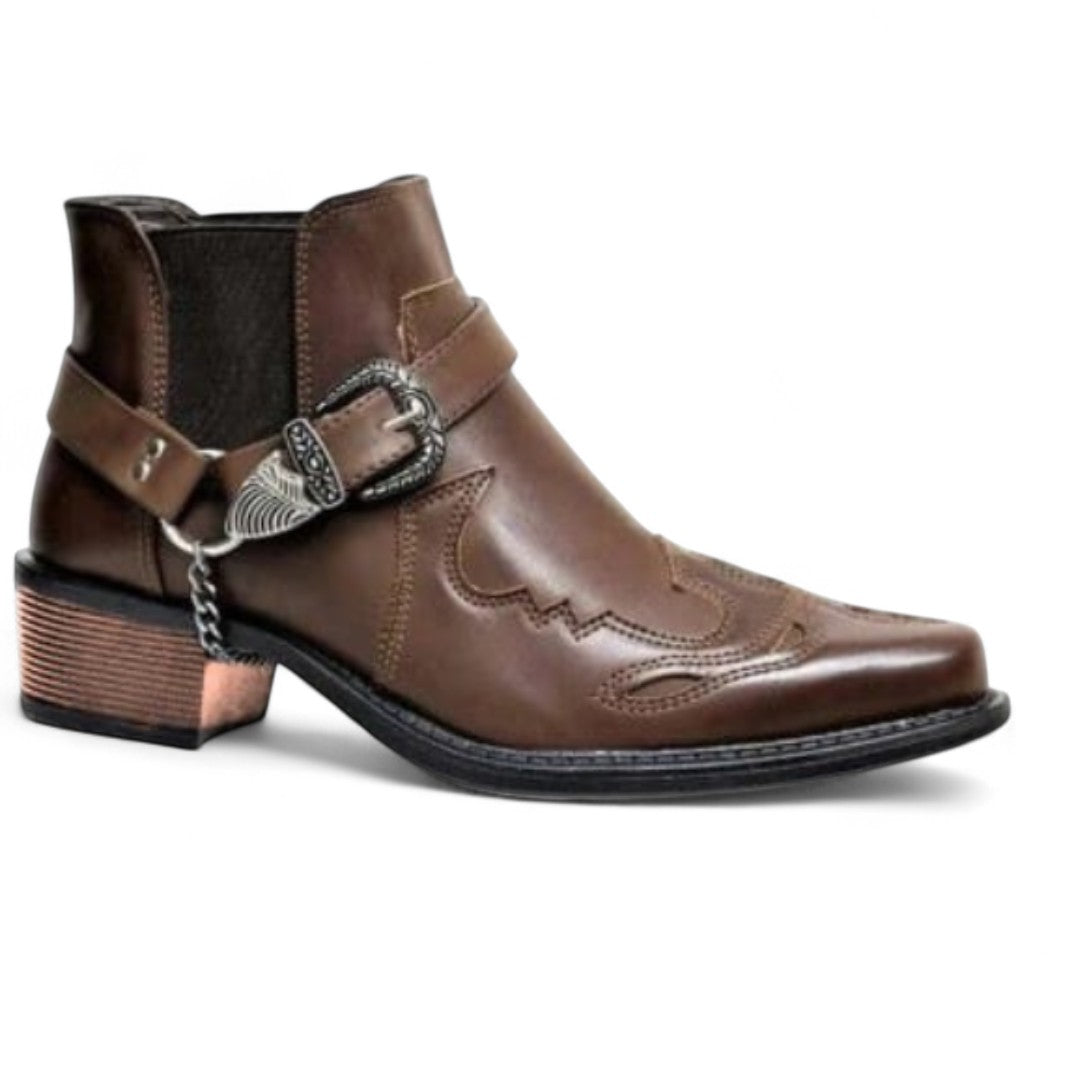 Men’s Ankle Boots – Slip-On Design, Point Toe, Decorative Harness Detail