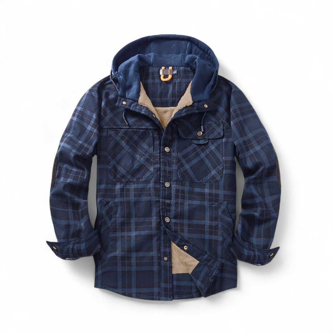 Men’s Checked Hooded Jacket – Button Front, Long Sleeves, Lining, Chest Pockets