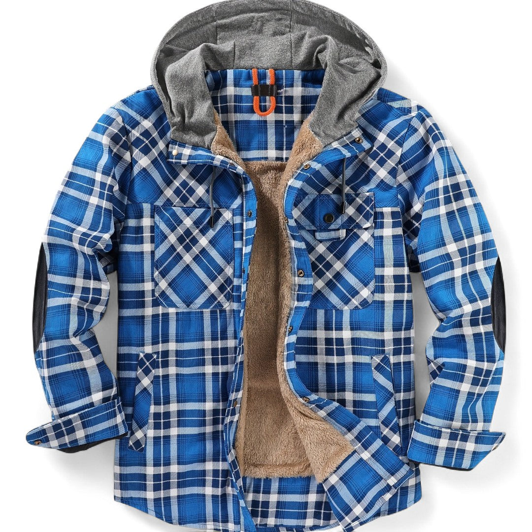 Men’s Checked Hooded Jacket – Button Front, Long Sleeves, Lining, Chest Pockets