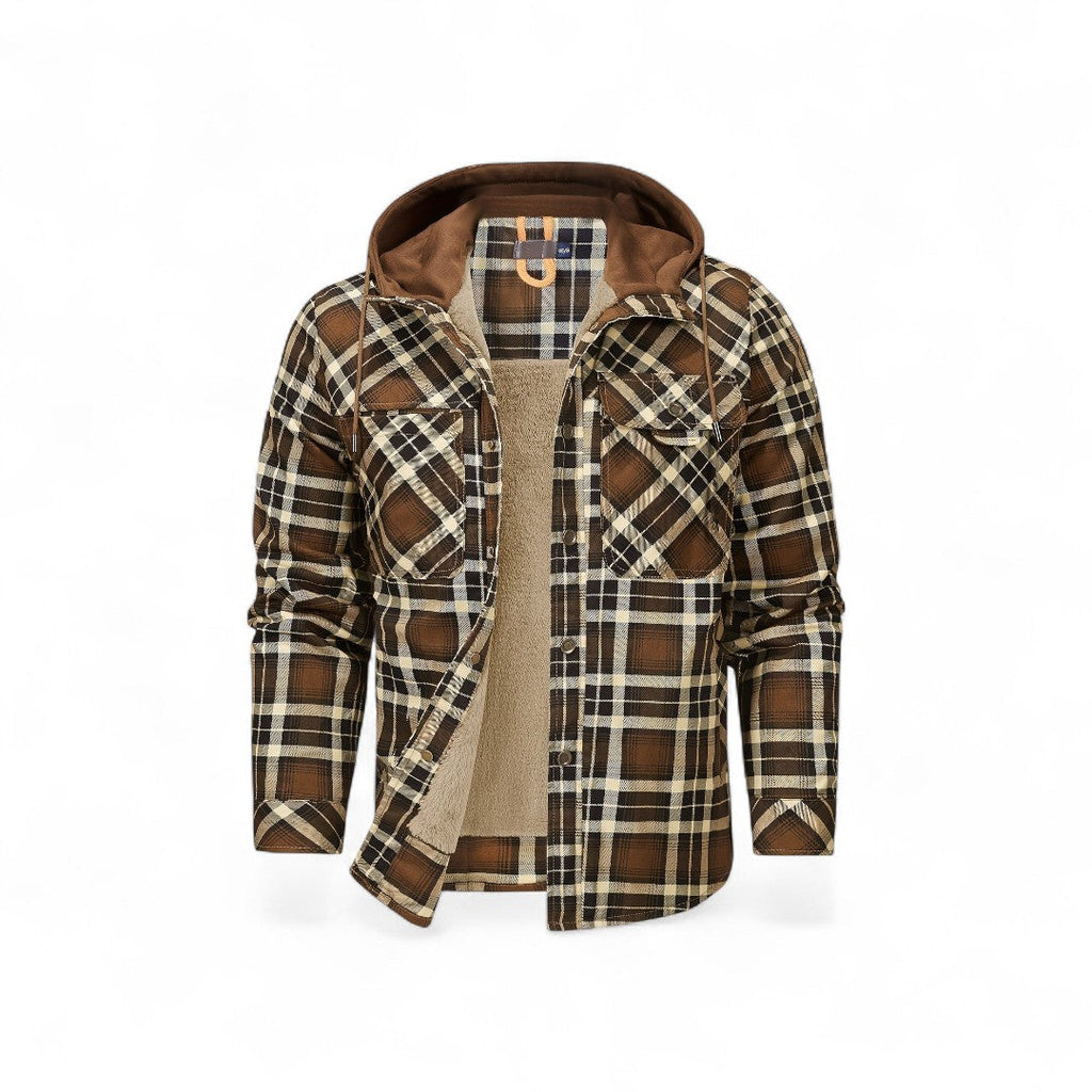 Men’s Checked Hooded Jacket – Button Front, Long Sleeves, Lining, Chest Pockets