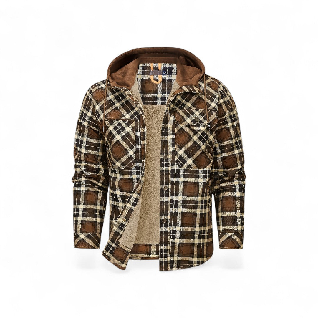 Men’s Checked Hooded Jacket – Button Front, Long Sleeves, Lining, Chest Pockets