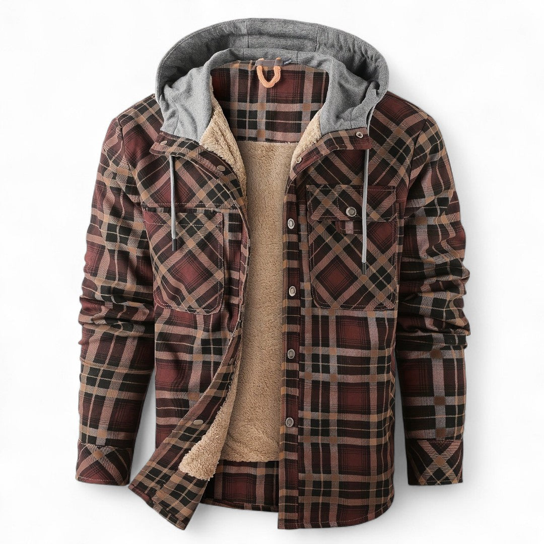 Men’s Checked Hooded Jacket – Button Front, Long Sleeves, Lining, Chest Pockets