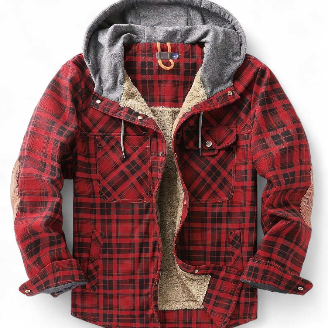 Men’s Checked Hooded Jacket – Button Front, Long Sleeves, Lining, Chest Pockets