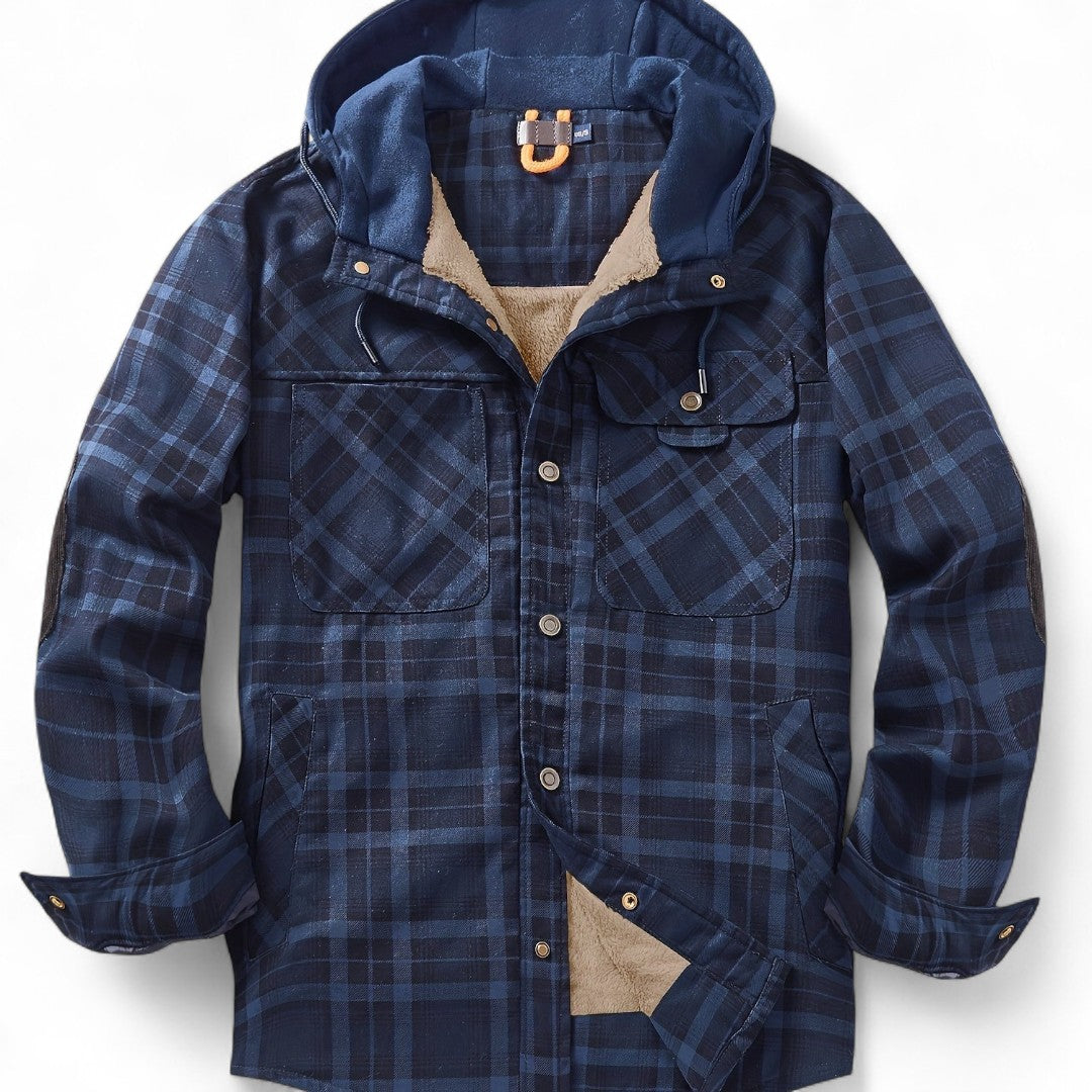 Men’s Checked Hooded Jacket – Button Front, Long Sleeves, Lining, Chest Pockets