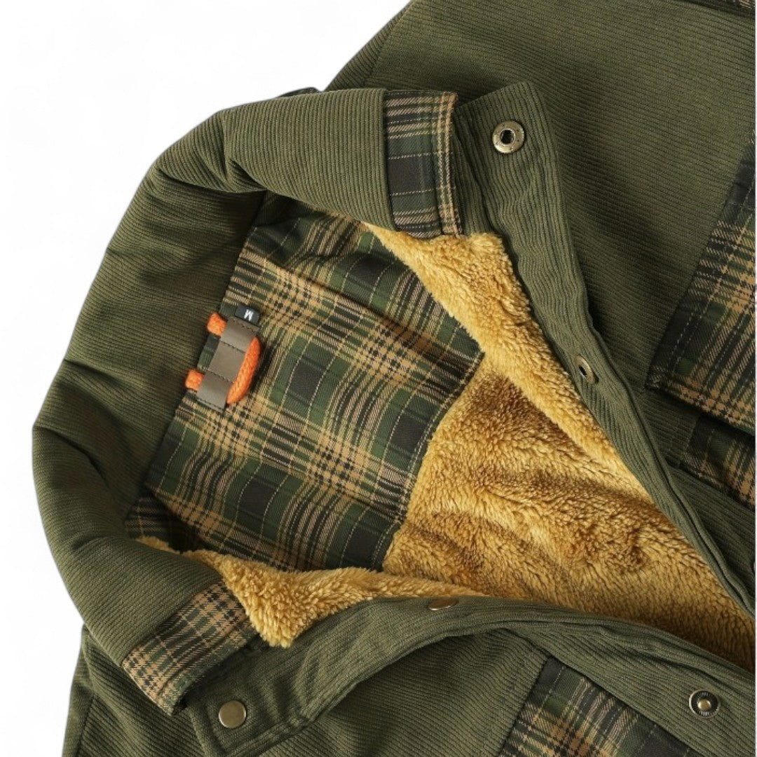 Men’s Checked Overshirt Jacket – Button Front, Corduroy Trim, Lined Interior, Chest Pocket, Regular Fit