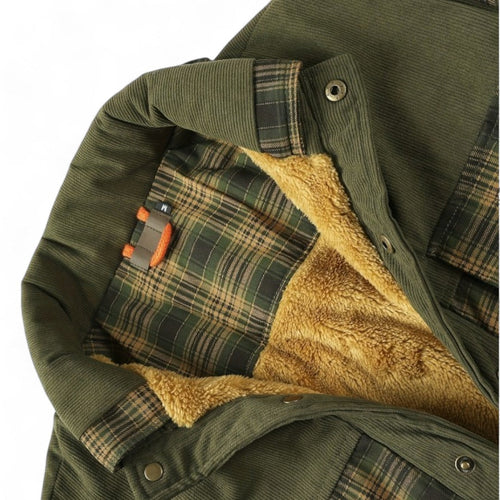 Men’s Checked Overshirt Jacket – Button Front, Corduroy Trim, Lined Interior, Chest Pocket, Regular Fit