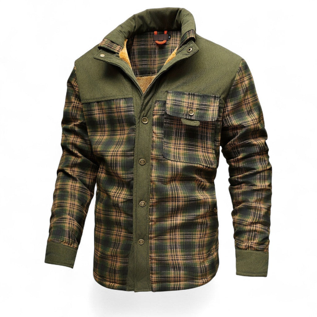 Men’s Checked Overshirt Jacket – Button Front, Corduroy Trim, Lined Interior, Chest Pocket, Regular Fit