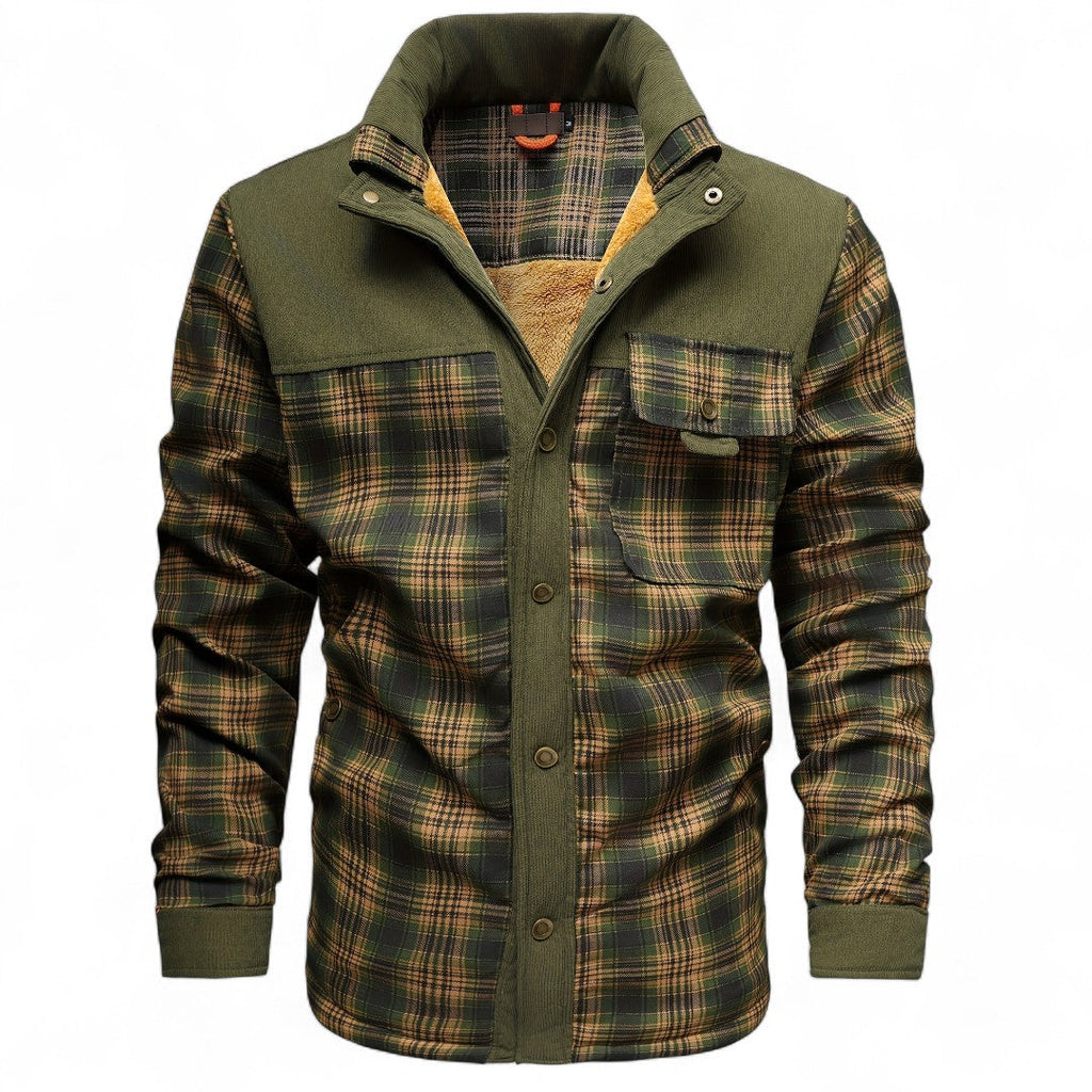 Men’s Checked Overshirt Jacket – Button Front, Corduroy Trim, Lined Interior, Chest Pocket, Regular Fit
