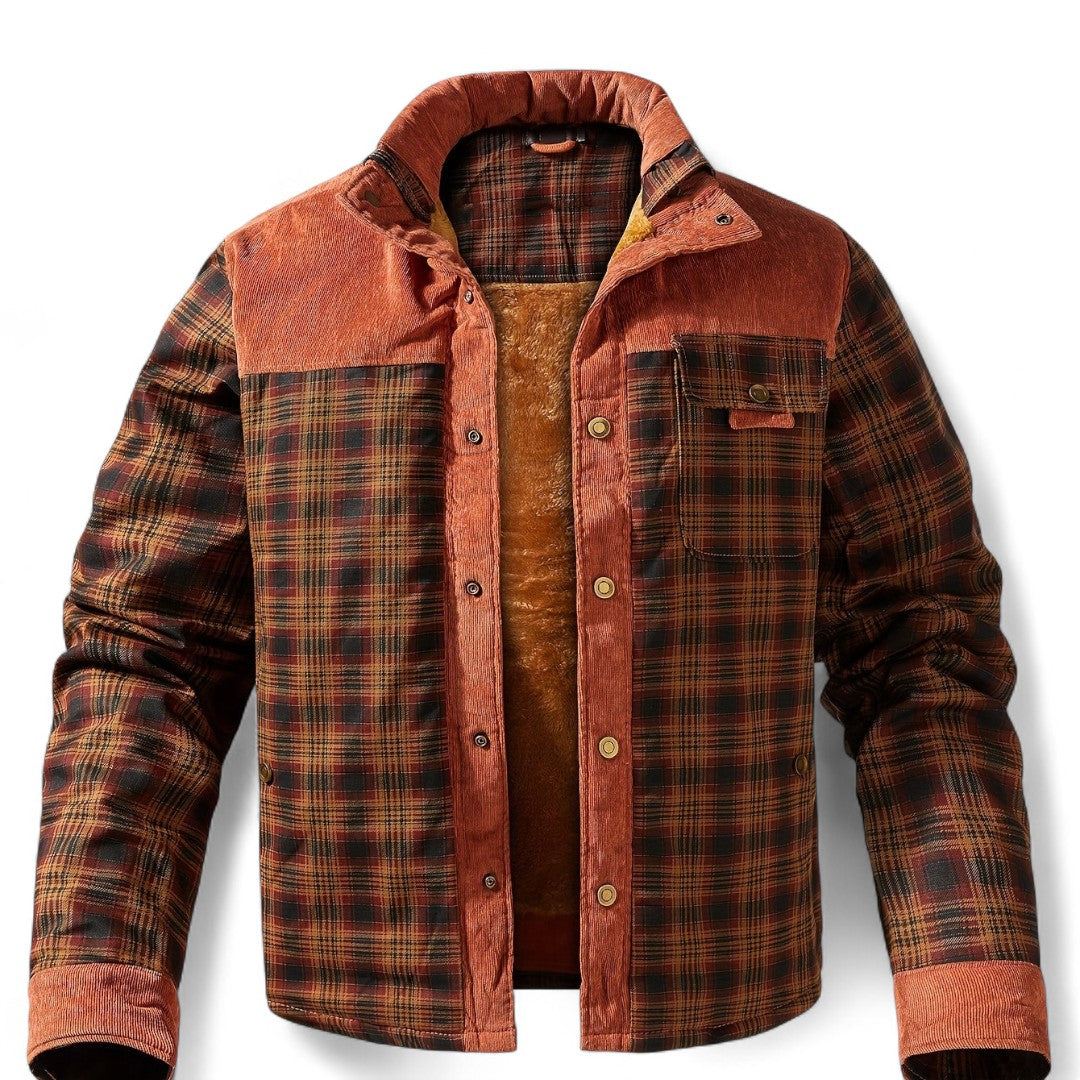 Men’s Checked Overshirt Jacket – Button Front, Corduroy Trim, Lined Interior, Regular Fit