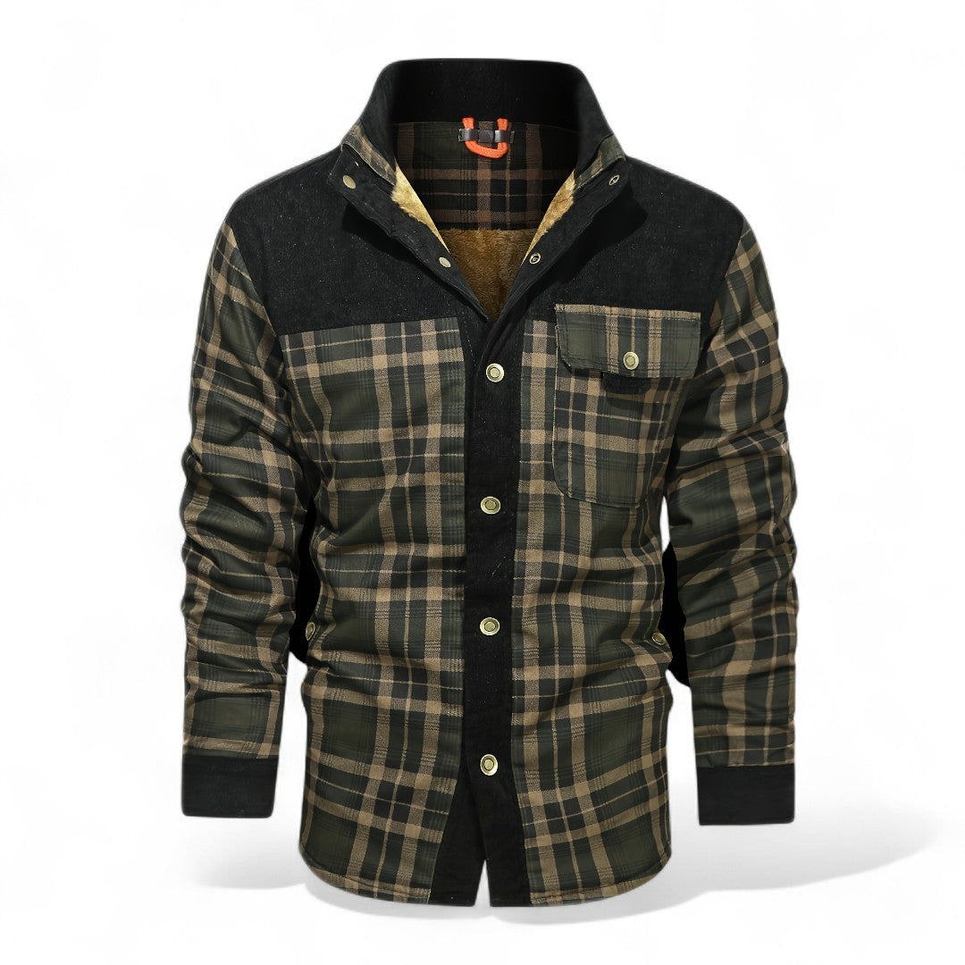 Men’s Checked Overshirt Jacket – Button Front, Corduroy Trim, Lined Interior, Regular Fit