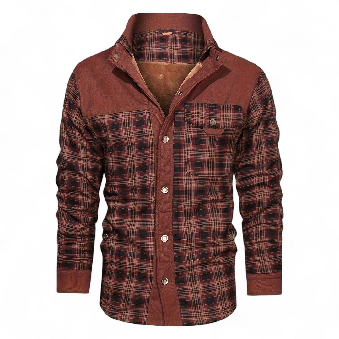 Men’s Checked Overshirt Jacket – Button Front, Corduroy Trim, Lined Interior, Regular Fit