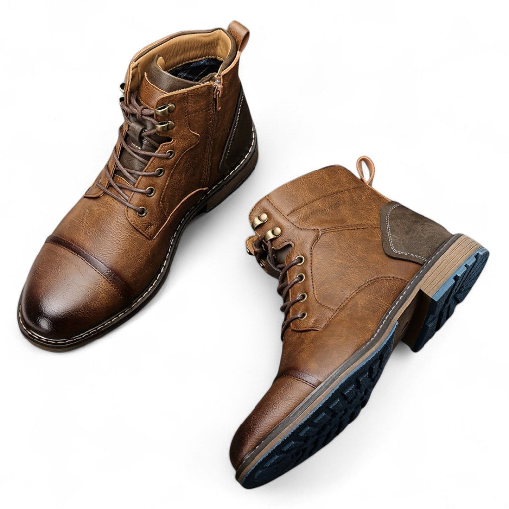 Men’s Lace-Up Ankle Boots – Two-Tone Design, Side Zip, Textured Sole
