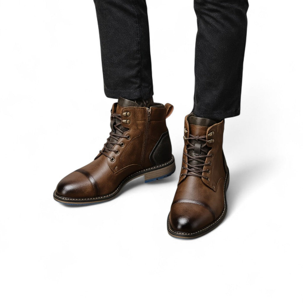 Men’s Lace-Up Ankle Boots – Two-Tone Design, Side Zip, Textured Sole