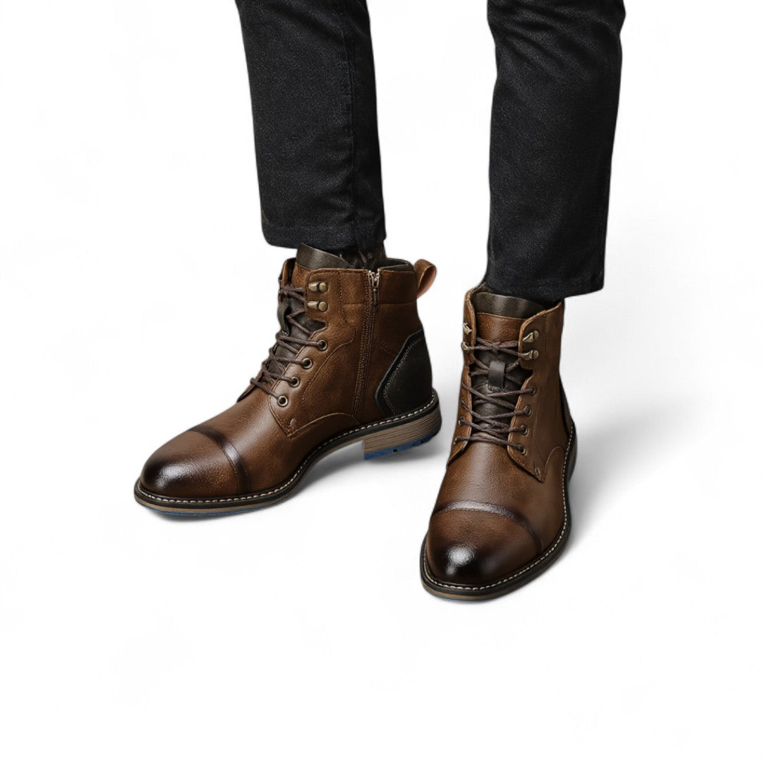 Men’s Lace-Up Ankle Boots – Two-Tone Design, Side Zip, Textured Sole