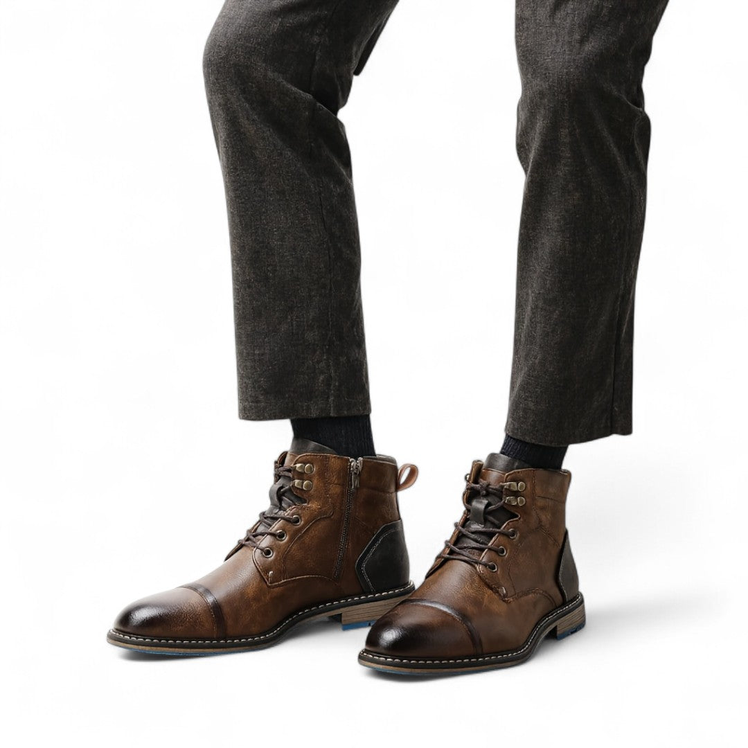 Men’s Lace-Up Ankle Boots – Two-Tone Design, Side Zip, Textured Sole