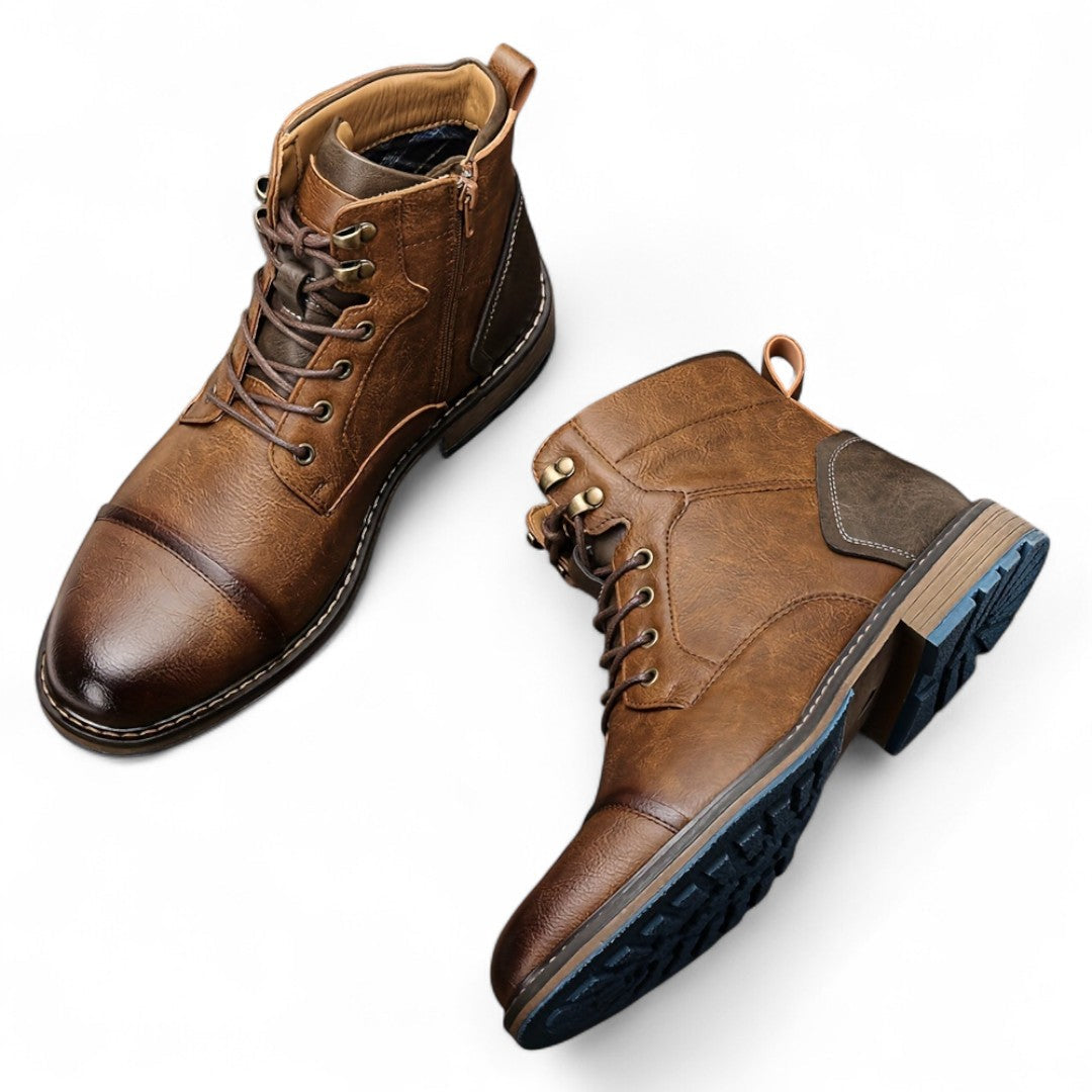 Men’s Lace-Up Ankle Boots – Two-Tone Design, Side Zip, Textured Sole