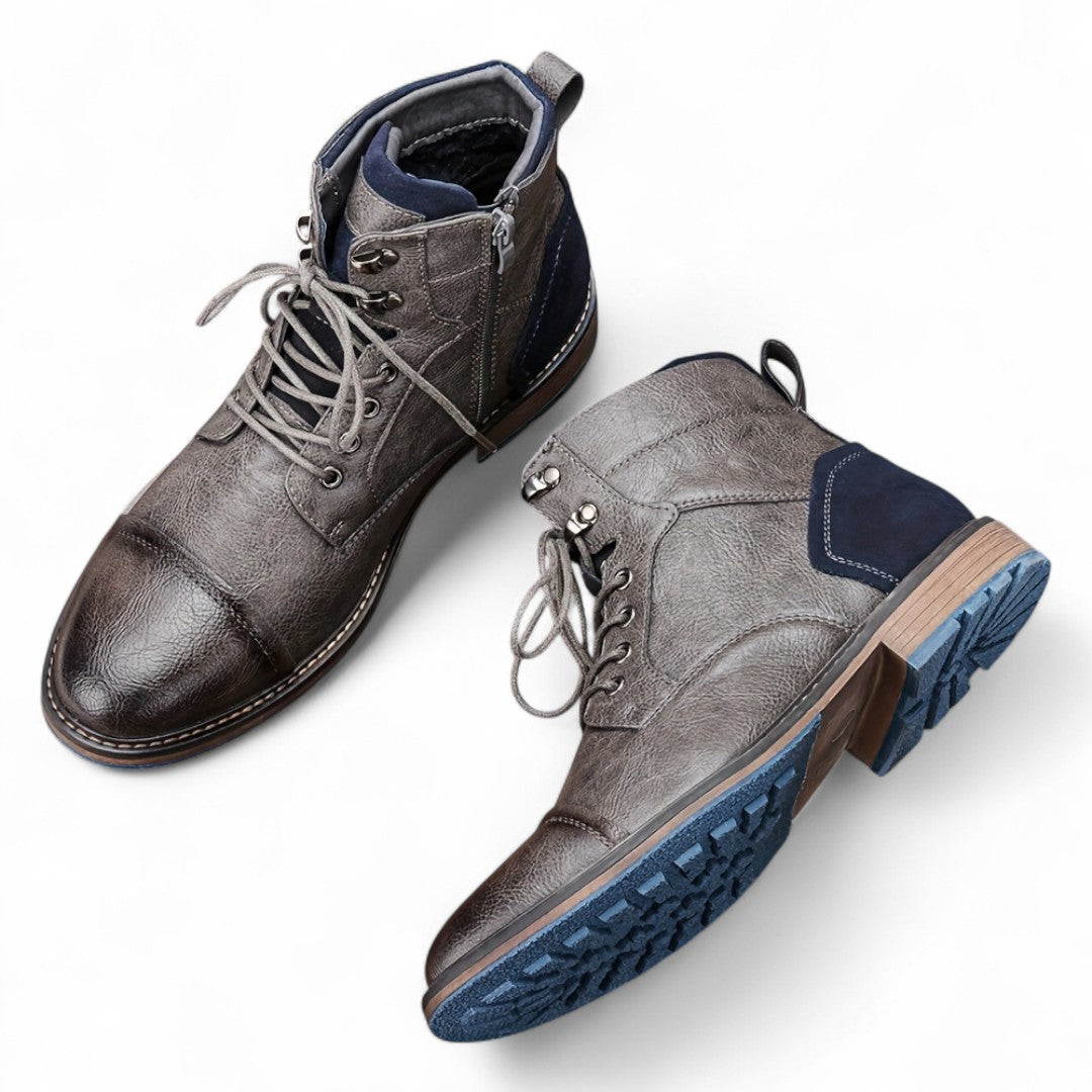 Men’s Lace-Up Ankle Boots – Two-Tone Design, Side Zip, Textured Sole