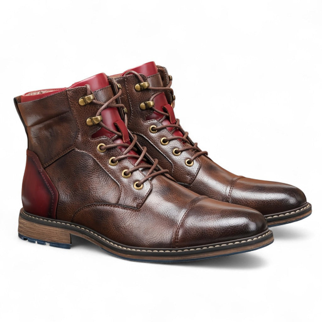 Men’s Lace-Up Ankle Boots – Two-Tone Design, Side Zip, Textured Sole