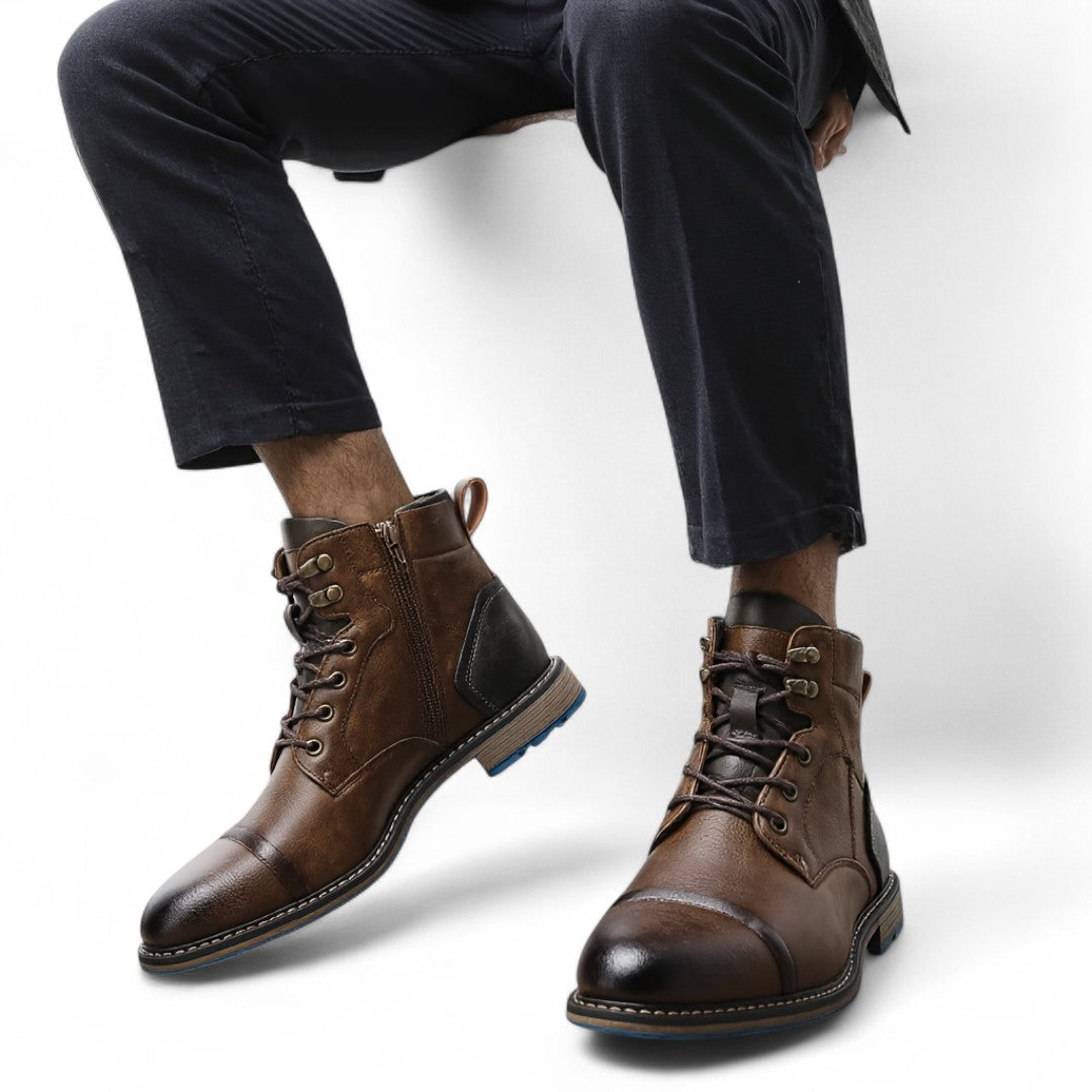 Men’s Lace-Up Ankle Boots – Two-Tone Design, Side Zip, Textured Sole