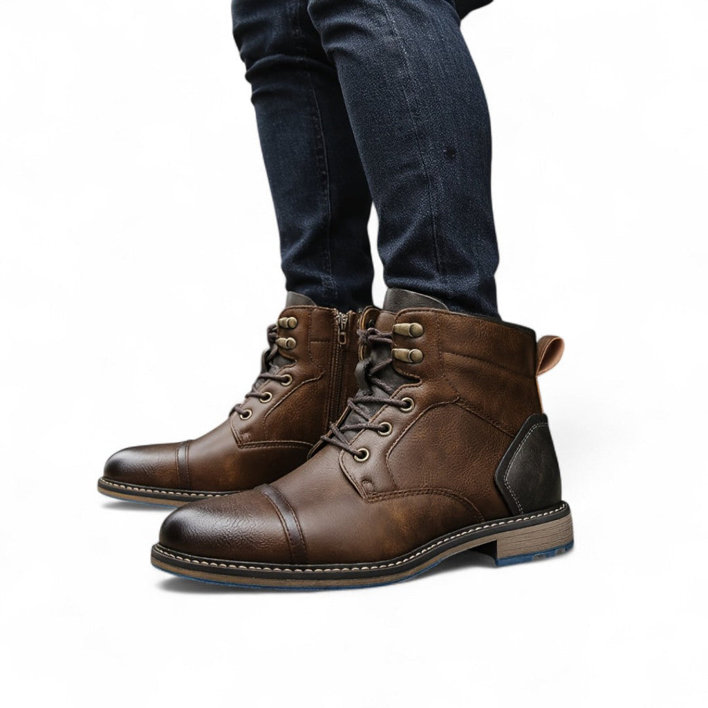 Men’s Lace-Up Ankle Boots – Two-Tone Design, Side Zip, Textured Sole