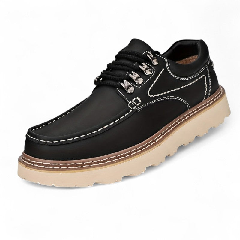 Men’s Lace-Up Low Top Shoes – Round Toe, Contrast Stitching, Textured Sole