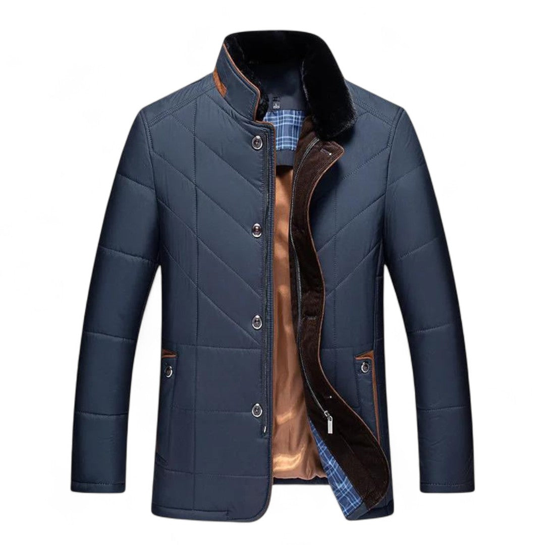 Men’s Quilted Jacket – Stand Collar, Button Front, Contrast Trim Detail