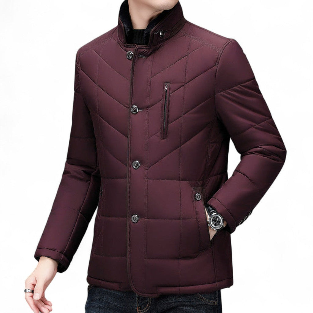 Men’s Quilted Jacket – Stand Collar, Button Front, Contrast Trim Detail