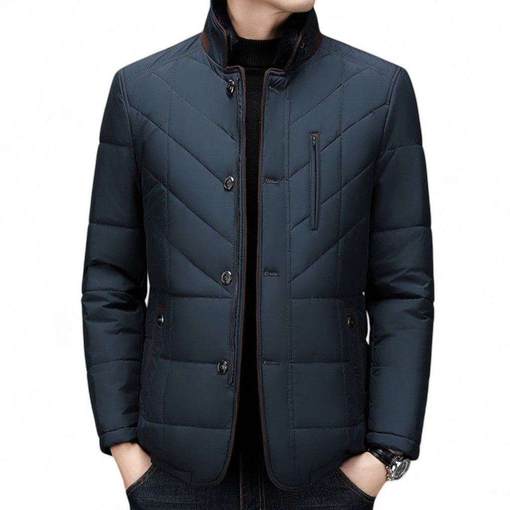 Men’s Quilted Jacket – Stand Collar, Button Front, Contrast Trim Detail