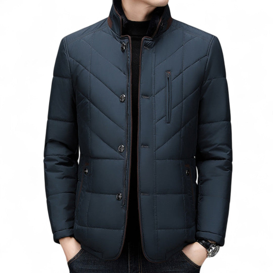 Men’s Quilted Jacket – Stand Collar, Button Front, Contrast Trim Detail