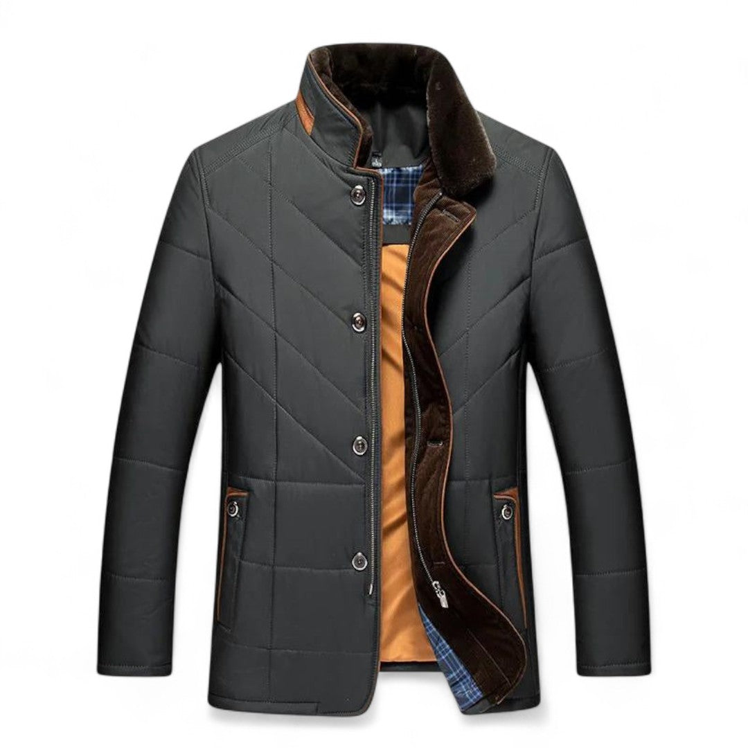 Men’s Quilted Jacket – Stand Collar, Button Front, Contrast Trim Detail
