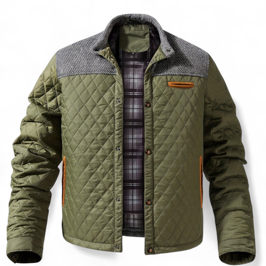 Men’s Quilted Jacket – Stand Collar, Long Sleeves, Button Front, Contrast Shoulder Detail