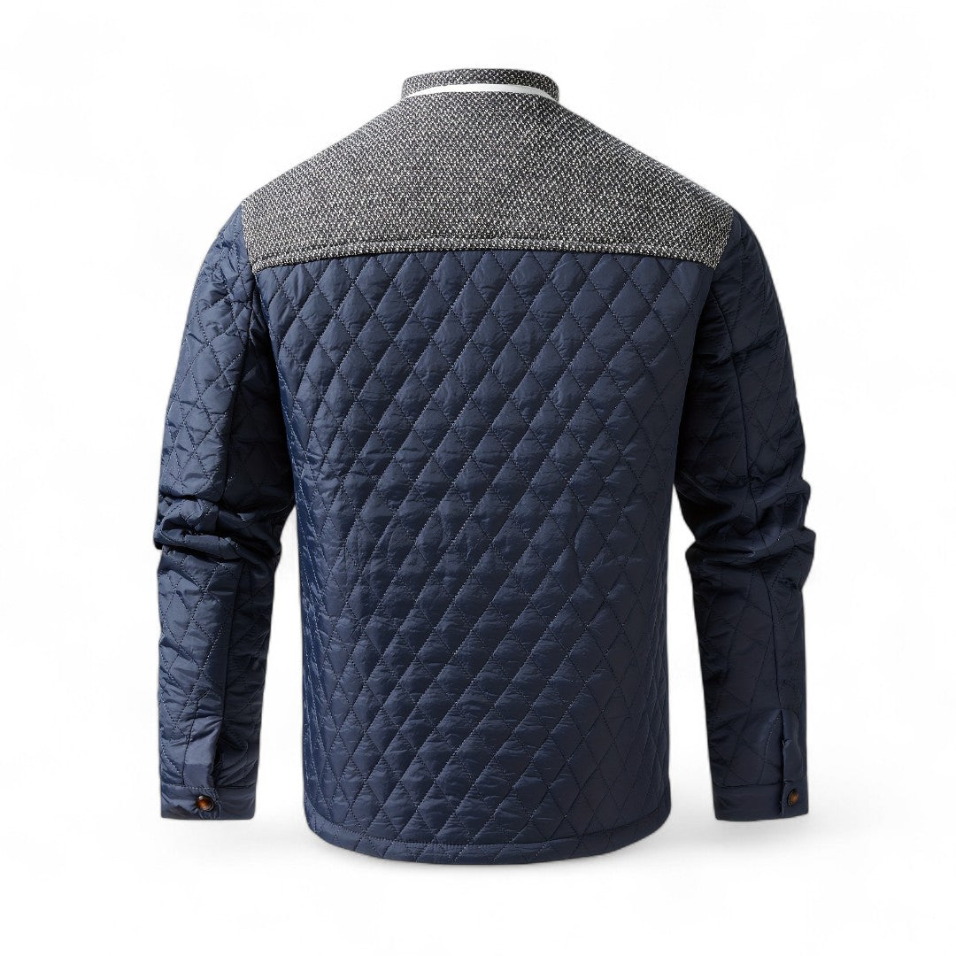 Men’s Quilted Jacket – Stand Collar, Long Sleeves, Button Front, Contrast Shoulder Detail