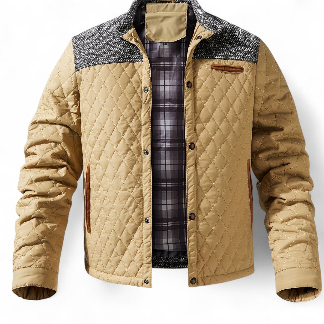 Men’s Quilted Jacket – Stand Collar, Long Sleeves, Button Front, Contrast Shoulder Detail