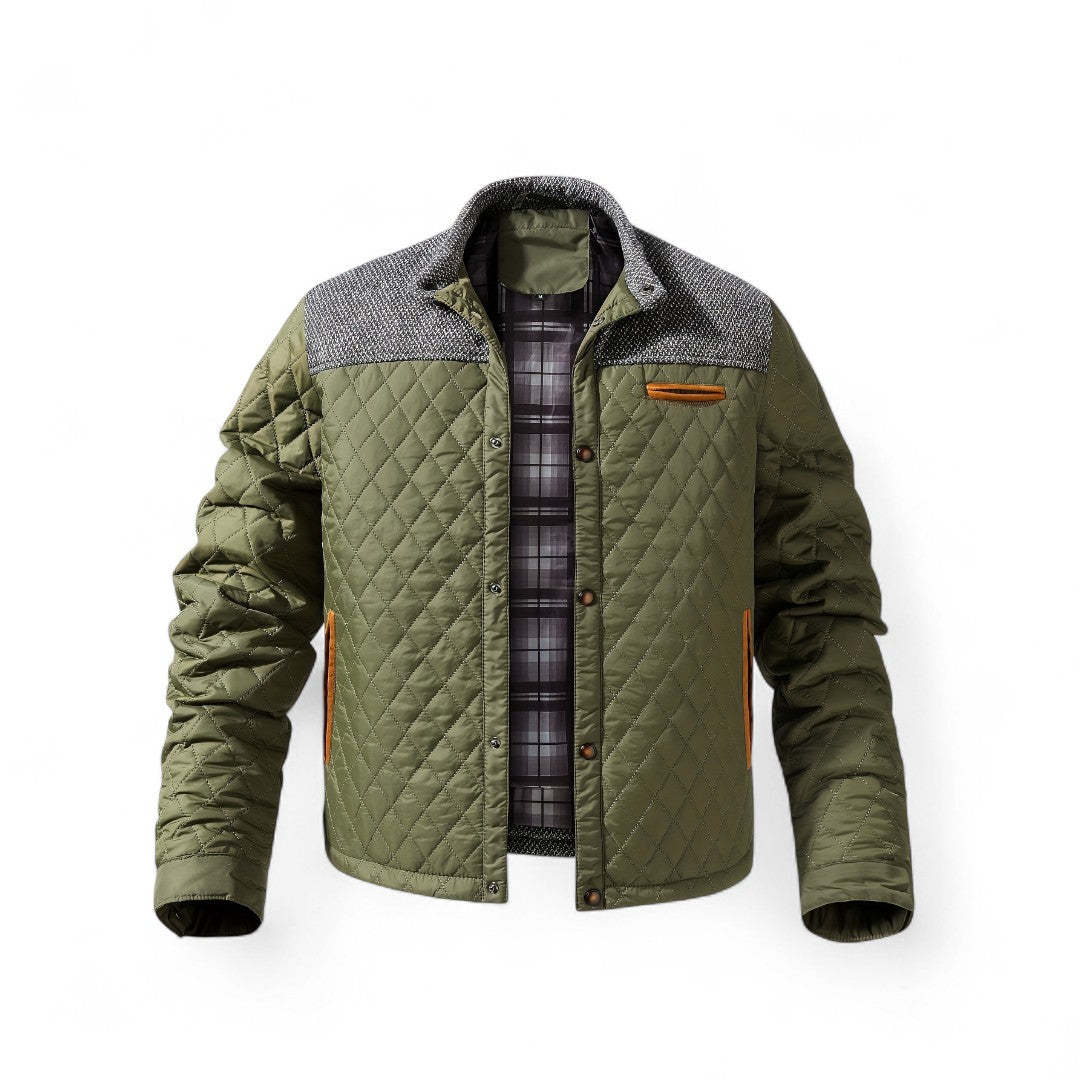 Men’s Quilted Jacket – Stand Collar, Long Sleeves, Button Front, Contrast Shoulder Detail