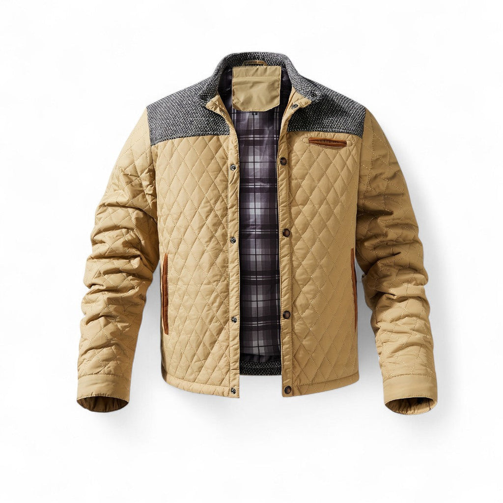 Men’s Quilted Jacket – Stand Collar, Long Sleeves, Button Front, Contrast Shoulder Detail