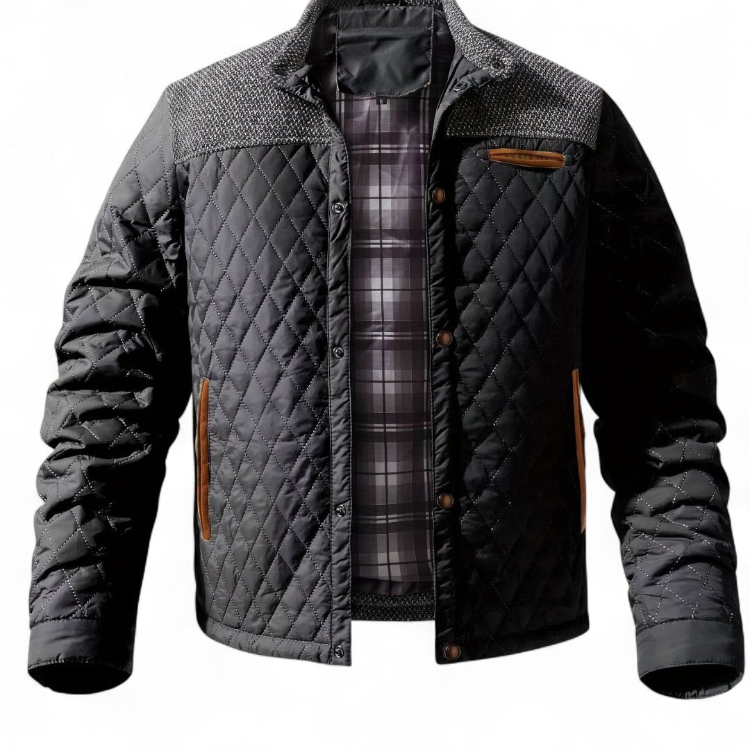 Men’s Quilted Jacket – Stand Collar, Long Sleeves, Button Front, Contrast Shoulder Detail