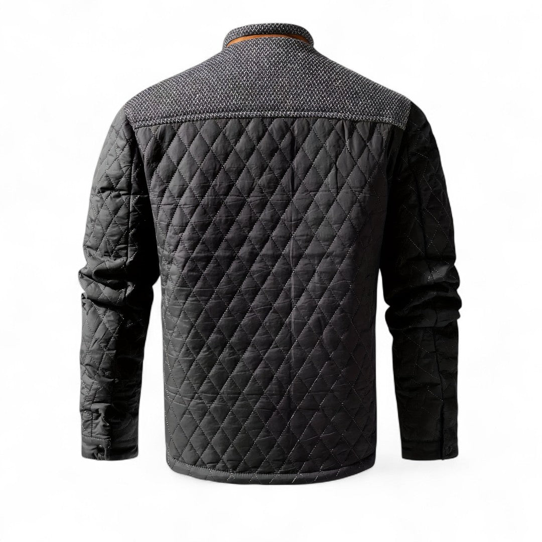 Men’s Quilted Jacket – Stand Collar, Long Sleeves, Button Front, Contrast Shoulder Detail