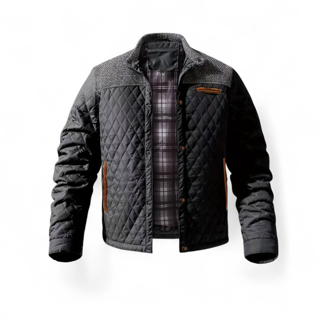 Men’s Quilted Jacket – Stand Collar, Long Sleeves, Button Front, Contrast Shoulder Detail