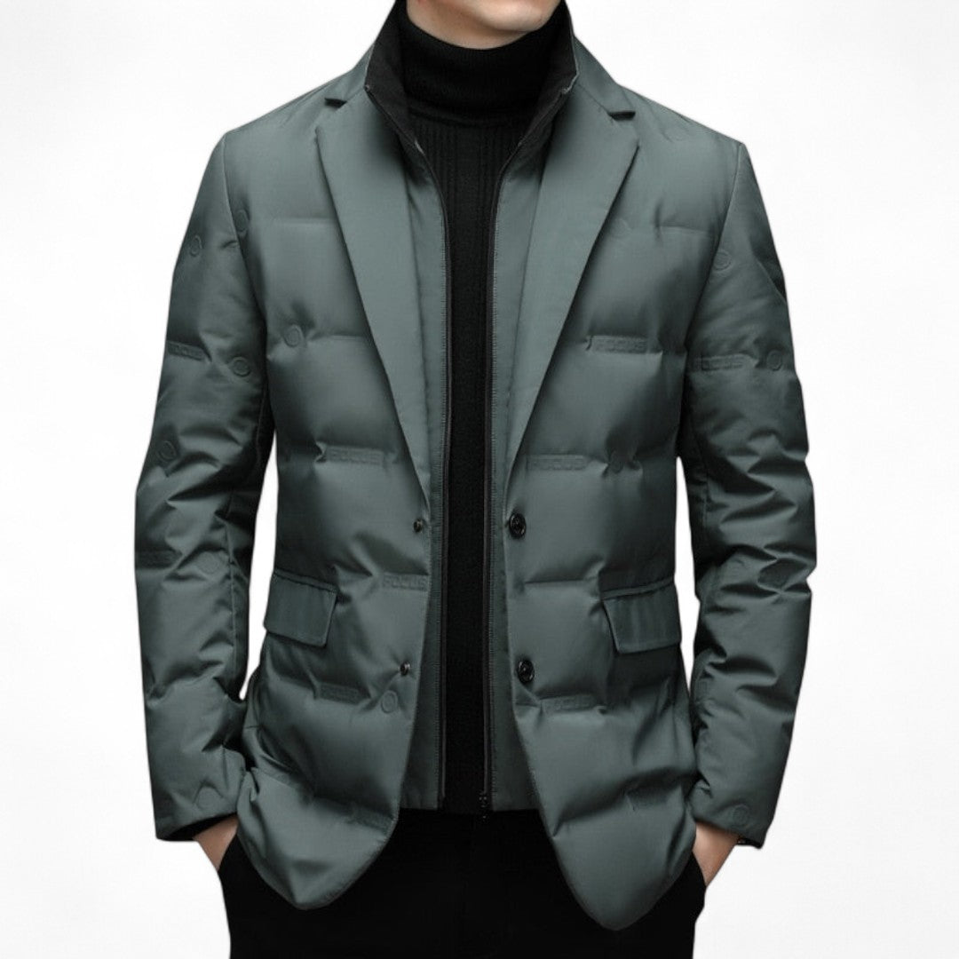 Men’s Quilted Puffer Blazer – Button Front, Long Sleeves, Notch Collar