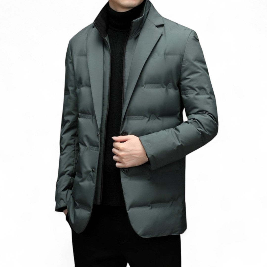 Men’s Quilted Puffer Blazer – Button Front, Long Sleeves, Notch Collar
