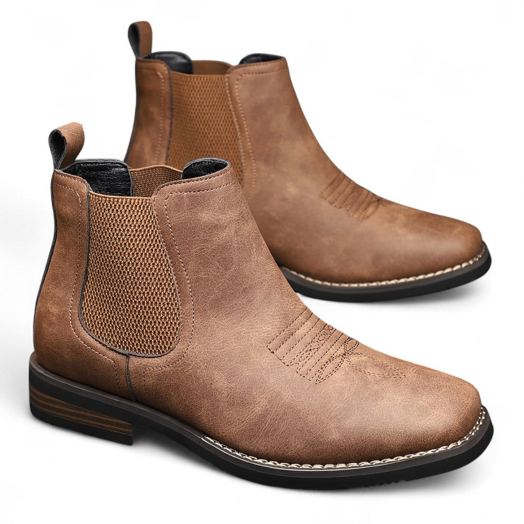 Men’s Slip-On Ankle Boots – Round Toe, Elastic Side Panels, Block Heel Sole