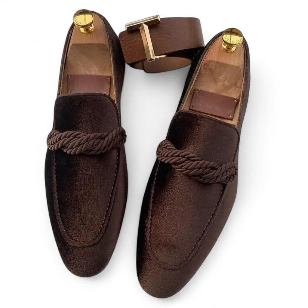 Men’s Slip-On Loafers – Round Toe, Rope Detail, Brown Finish