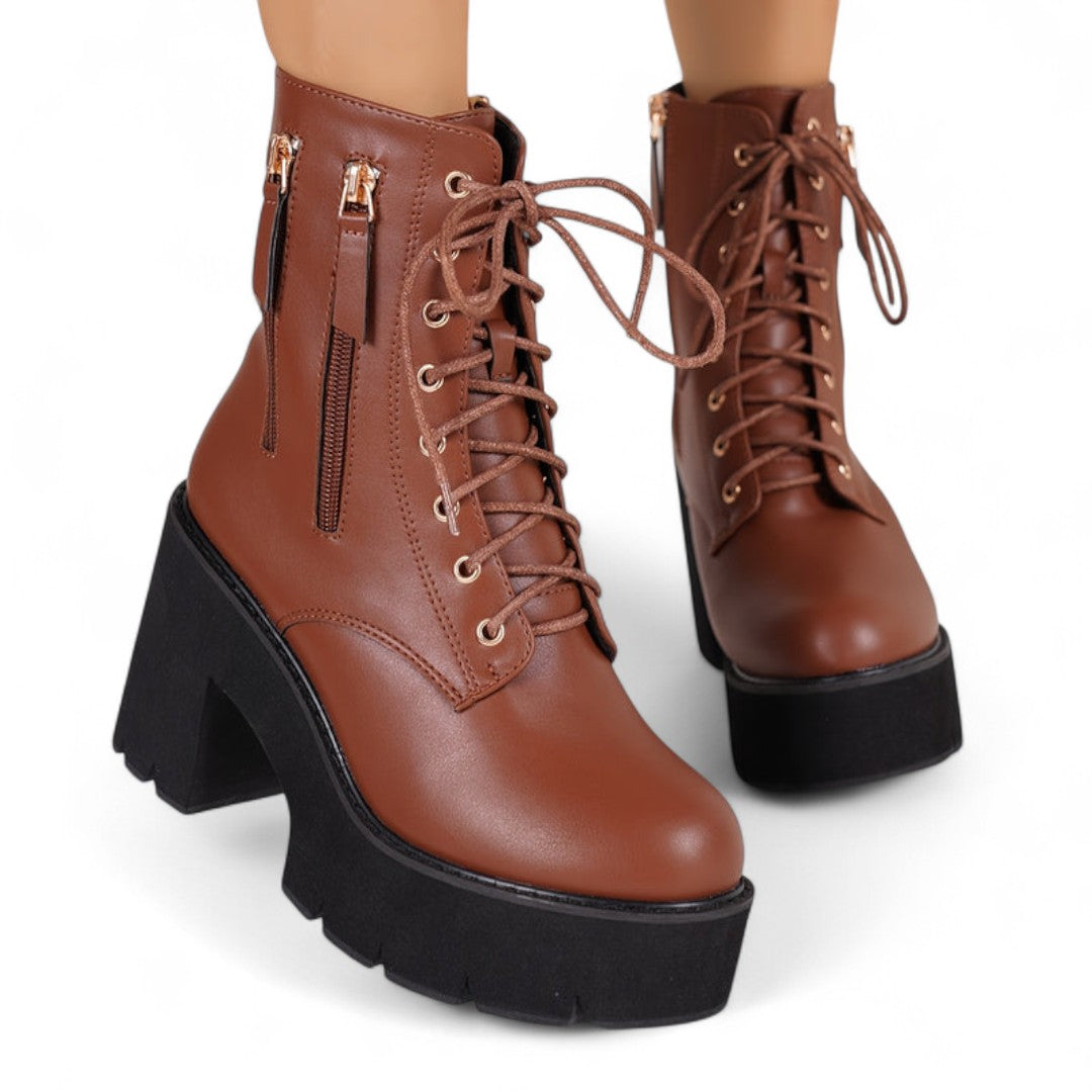Women’s Ankle Boots – Round Toe Design with Chunky Heel, Lace Up Front and Side Zip Closure