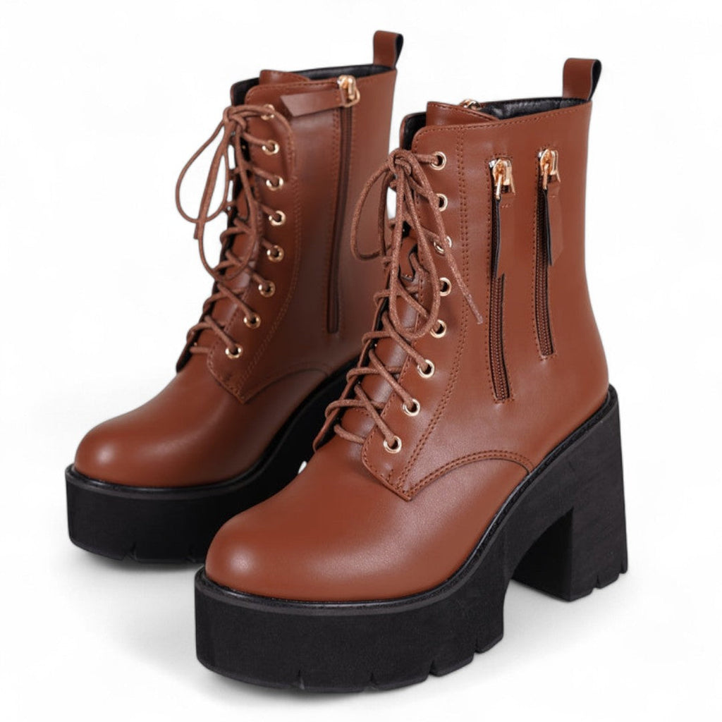 Women’s Ankle Boots – Round Toe Design with Chunky Heel, Lace Up Front and Side Zip Closure
