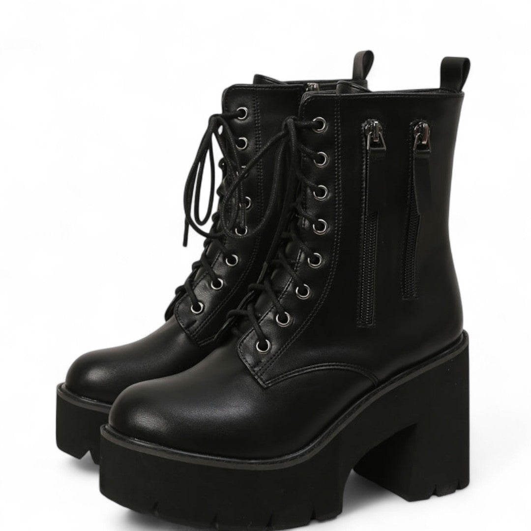 Women’s Ankle Boots – Round Toe Design with Chunky Heel, Lace Up Front and Side Zip Closure